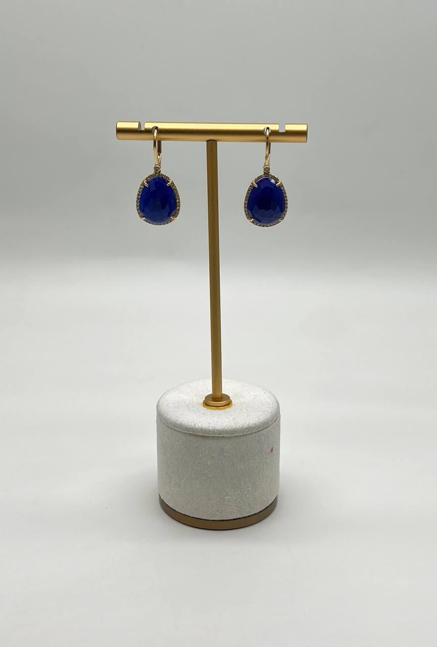 Dark Blue Azurite Bezel Set Diamond Halo 14K Gold Statement Earrings
