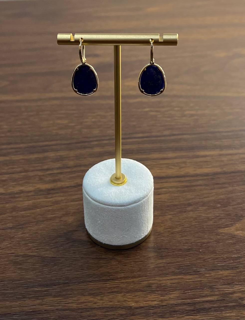 Dark Blue Azurite Bezel Set Diamond Halo 14K Gold Statement Earrings