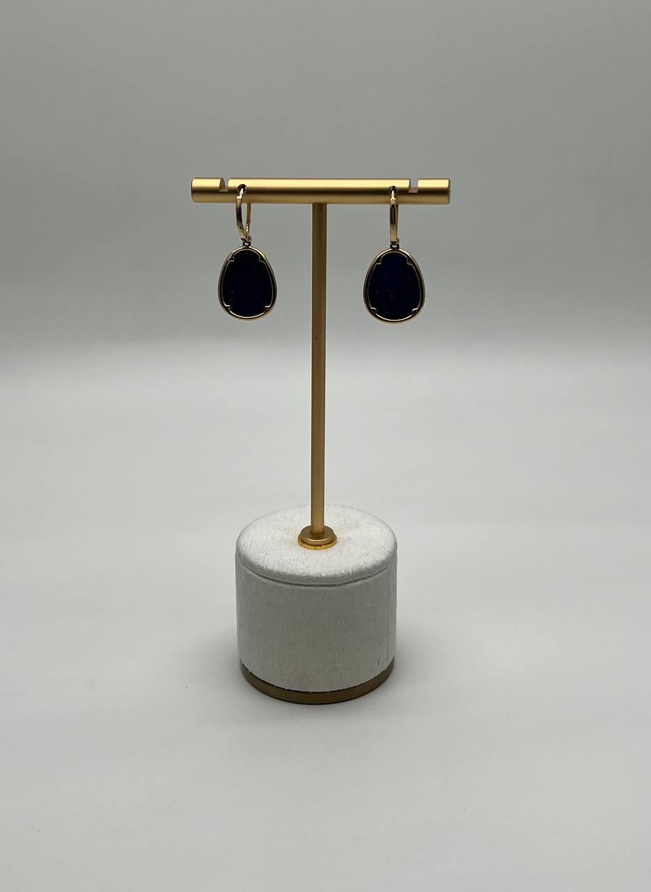 Dark Blue Azurite Bezel Set Diamond Halo 14K Gold Statement Earrings