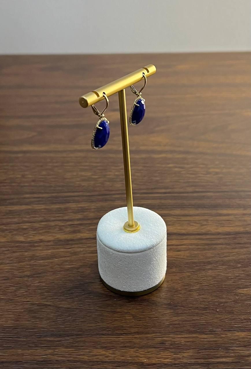 Dark Blue Azurite Bezel Set Diamond Halo 14K Gold Statement Earrings