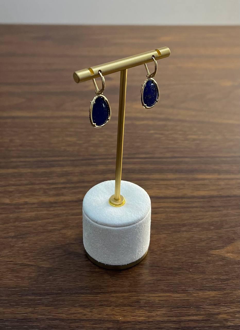 Dark Blue Azurite Bezel Set Diamond Halo 14K Gold Statement Earrings