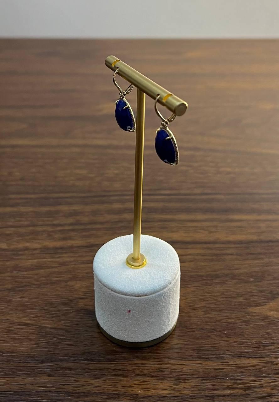 Dark Blue Azurite Bezel Set Diamond Halo 14K Gold Statement Earrings