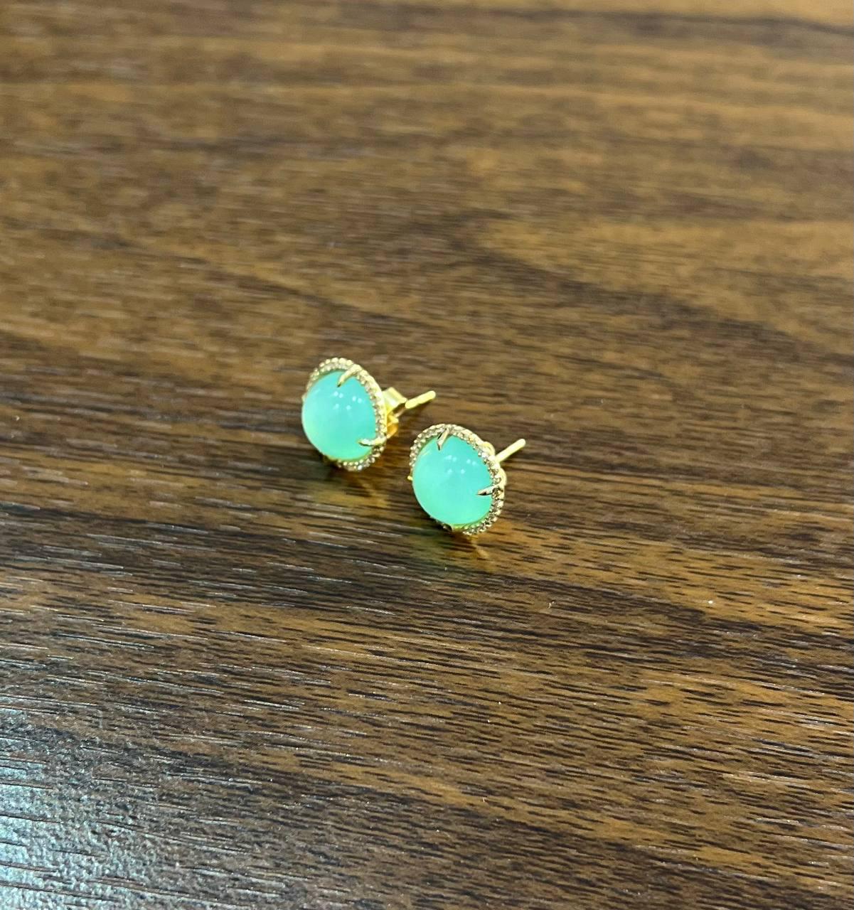 Round Shape Cabochon Green Aquamarine 14K Yellow Gold Diamond Halo Stud Earrings