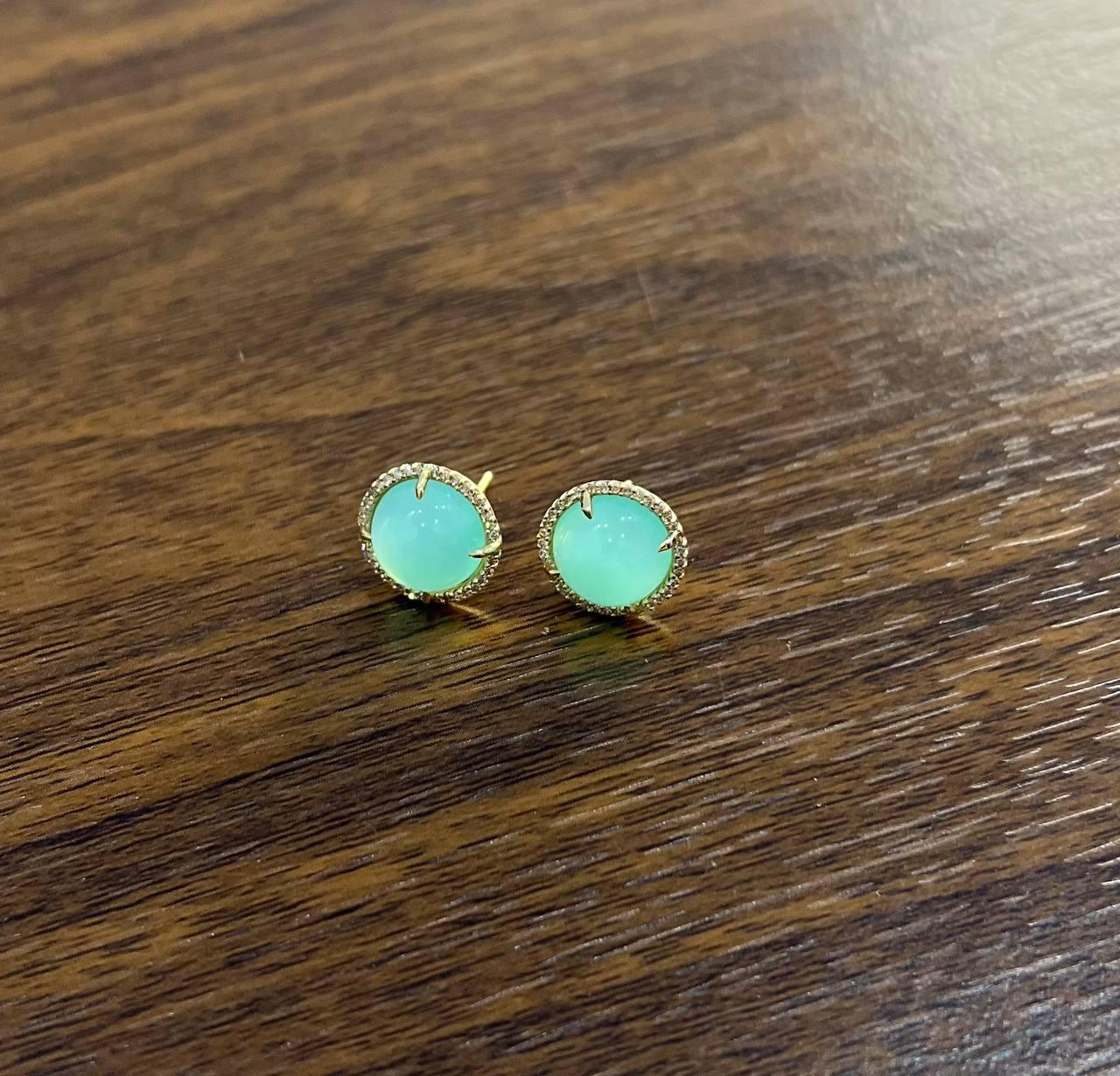 Round Shape Cabochon Green Aquamarine 14K Yellow Gold Diamond Halo Stud Earrings
