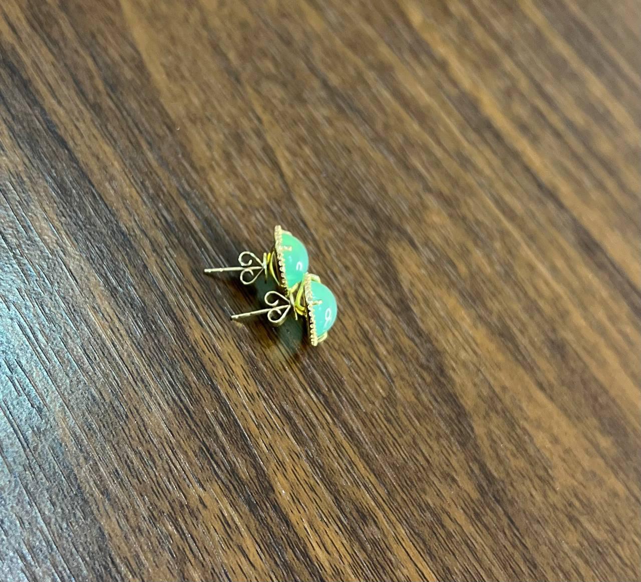 Round Shape Cabochon Green Aquamarine 14K Yellow Gold Diamond Halo Stud Earrings