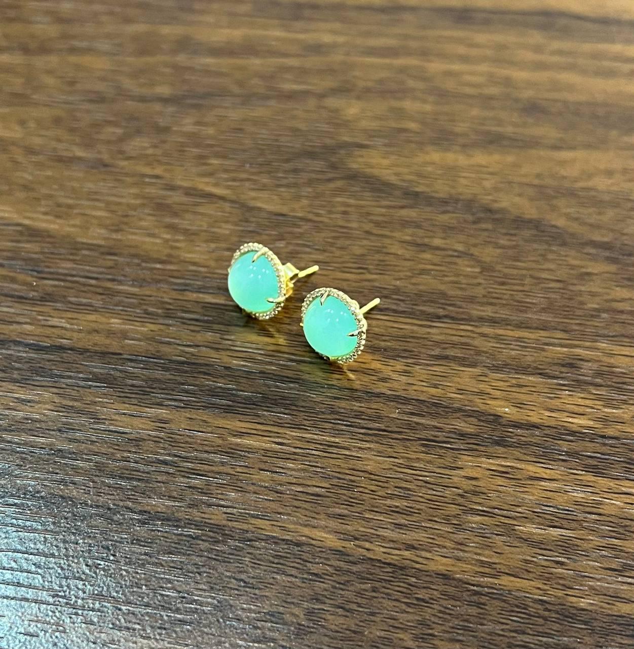 Round Shape Cabochon Green Aquamarine 14K Yellow Gold Diamond Halo Stud Earrings