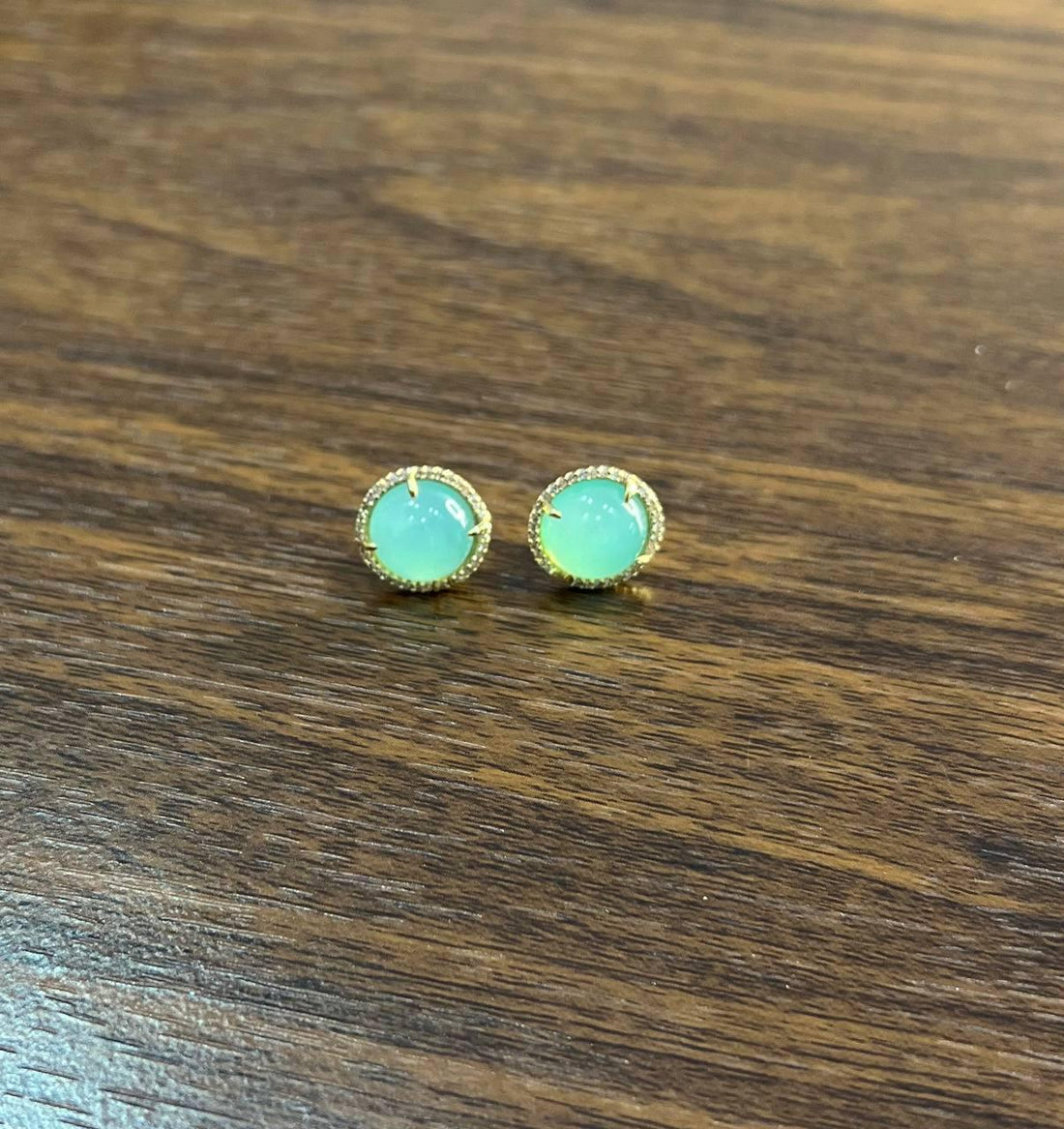 Round Shape Cabochon Green Aquamarine 14K Yellow Gold Diamond Halo Stud Earrings