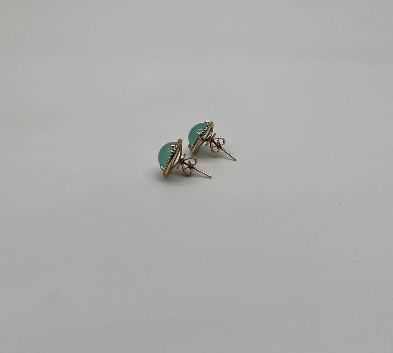 Round Shape Cabochon Green Aquamarine 14K Yellow Gold Diamond Halo Stud Earrings