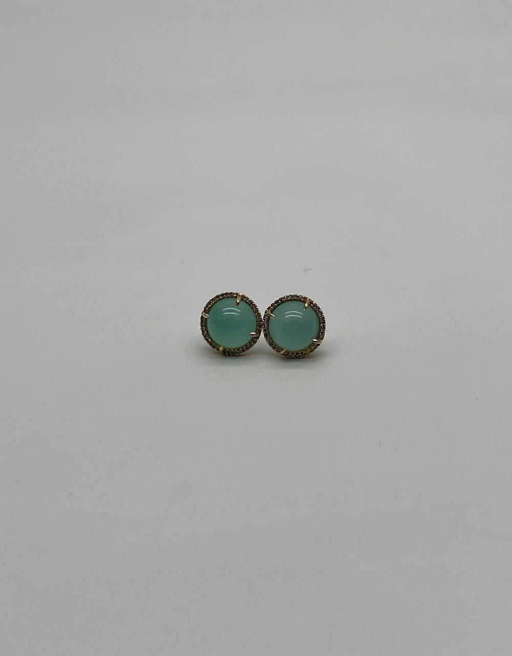 Round Shape Cabochon Green Aquamarine 14K Yellow Gold Diamond Halo Stud Earrings