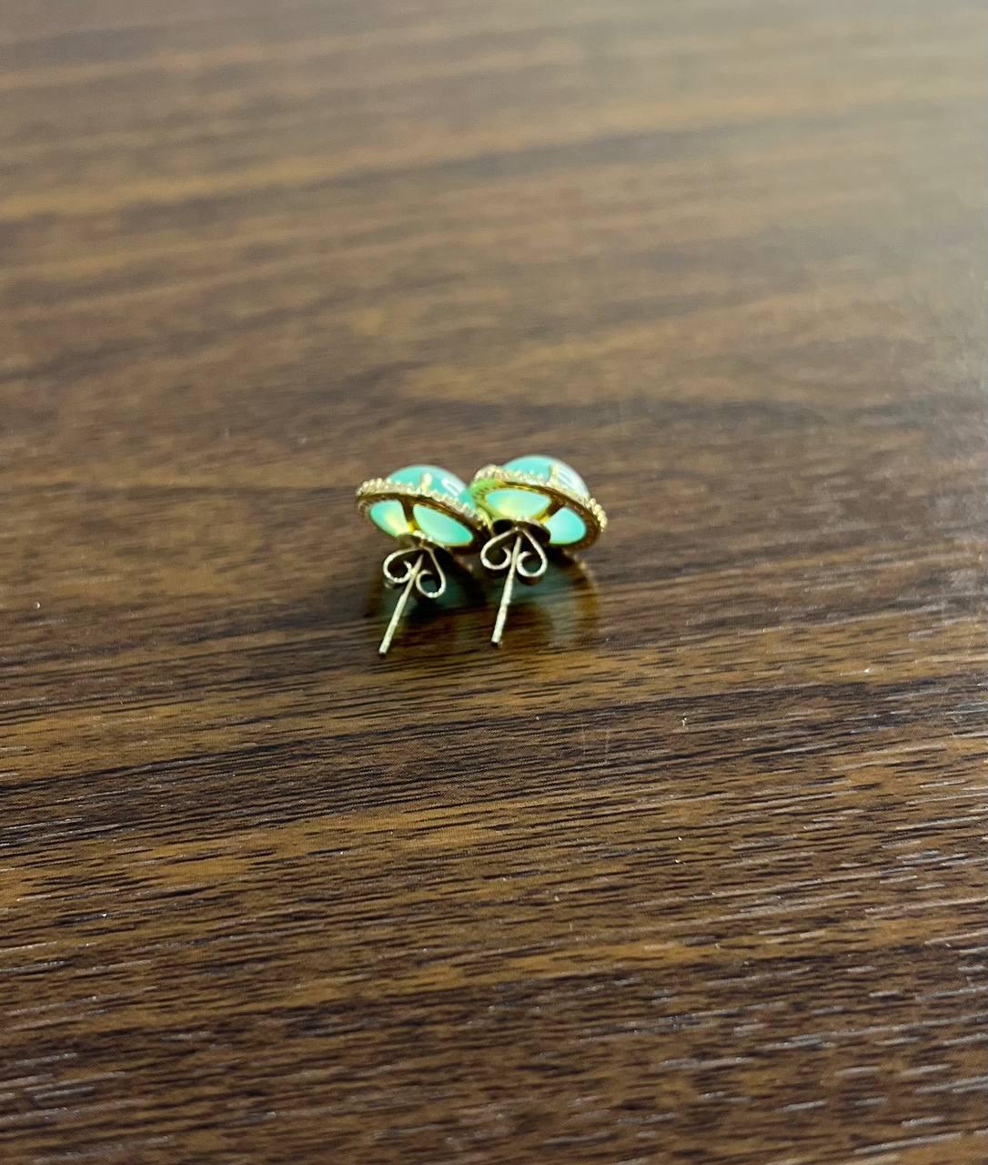 Round Shape Cabochon Green Aquamarine 14K Yellow Gold Diamond Halo Stud Earrings