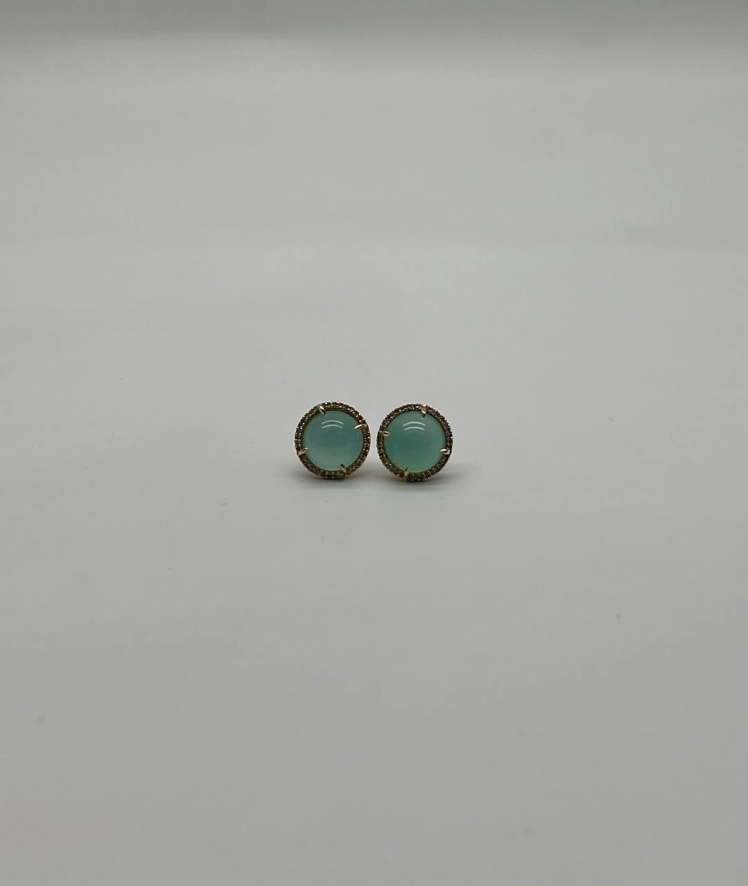 Round Shape Cabochon Green Aquamarine 14K Yellow Gold Diamond Halo Stud Earrings