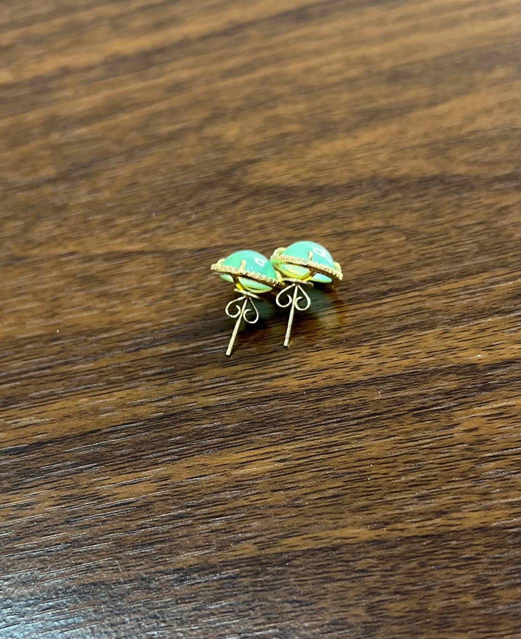 Round Shape Cabochon Green Aquamarine 14K Yellow Gold Diamond Halo Stud Earrings