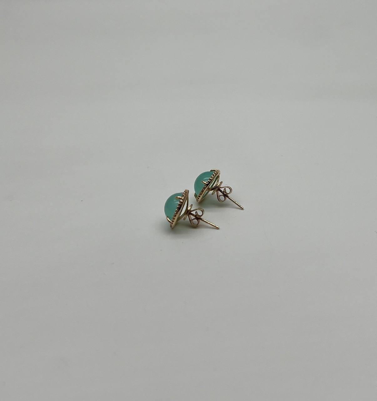 Round Shape Cabochon Green Aquamarine 14K Yellow Gold Diamond Halo Stud Earrings
