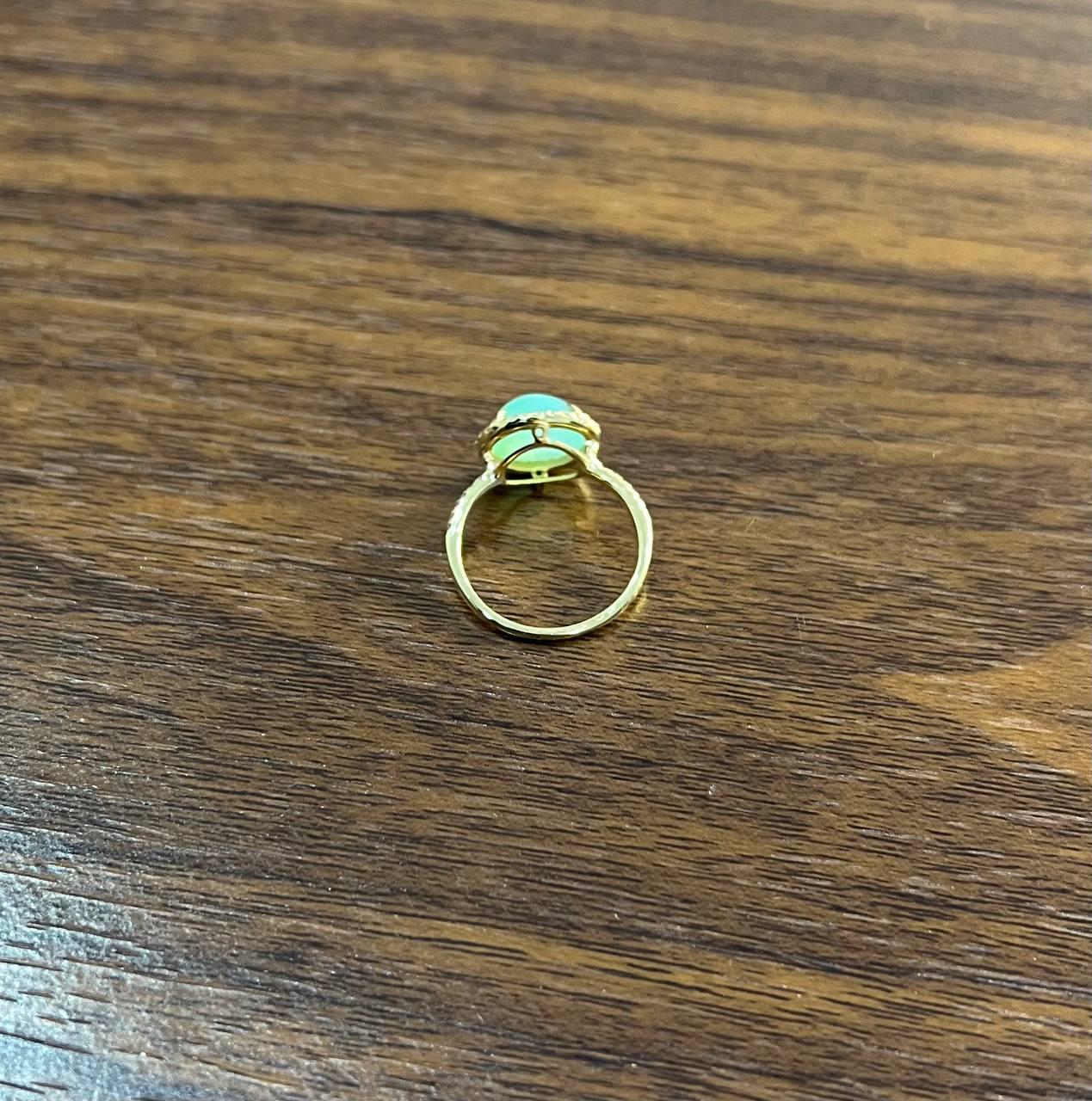 Round Shape Cabochon Green Aquamarine 14K Yellow Gold Diamond Halo Cocktail Ring