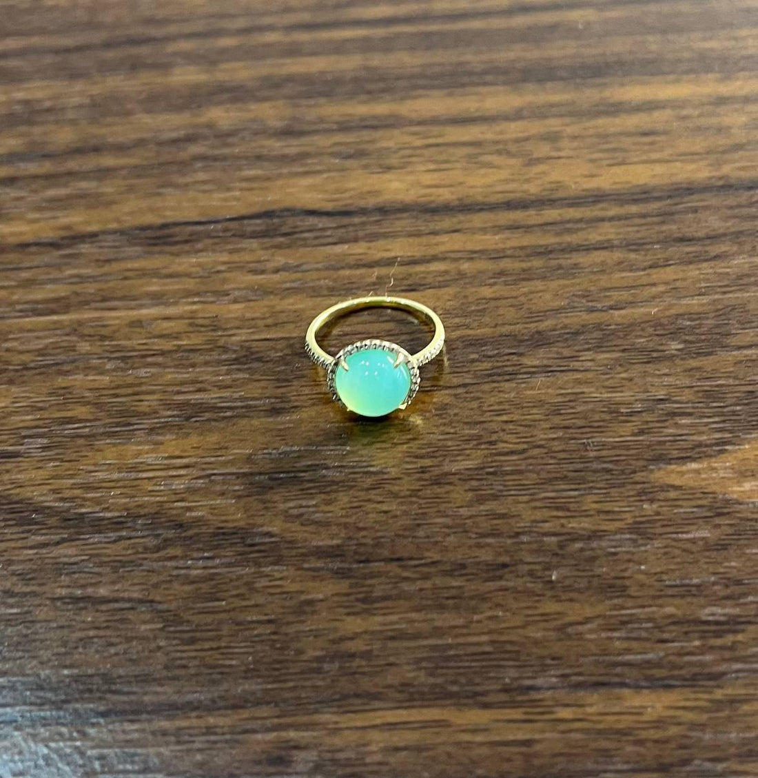 Round Shape Cabochon Green Aquamarine 14K Yellow Gold Diamond Halo Cocktail Ring