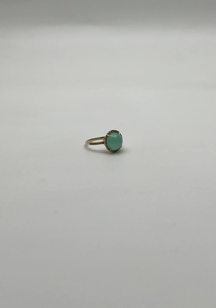 Round Shape Cabochon Green Aquamarine 14K Yellow Gold Diamond Halo Cocktail Ring