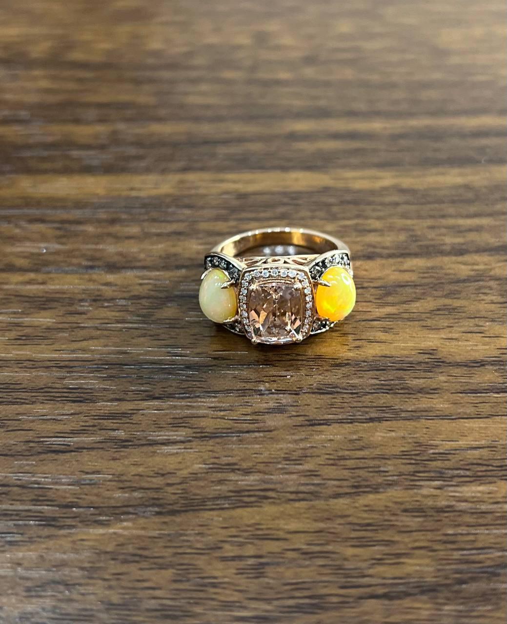 Peach Morganites Yellow White Opal White Diamond Halo Rose Gold Three Stone Ring