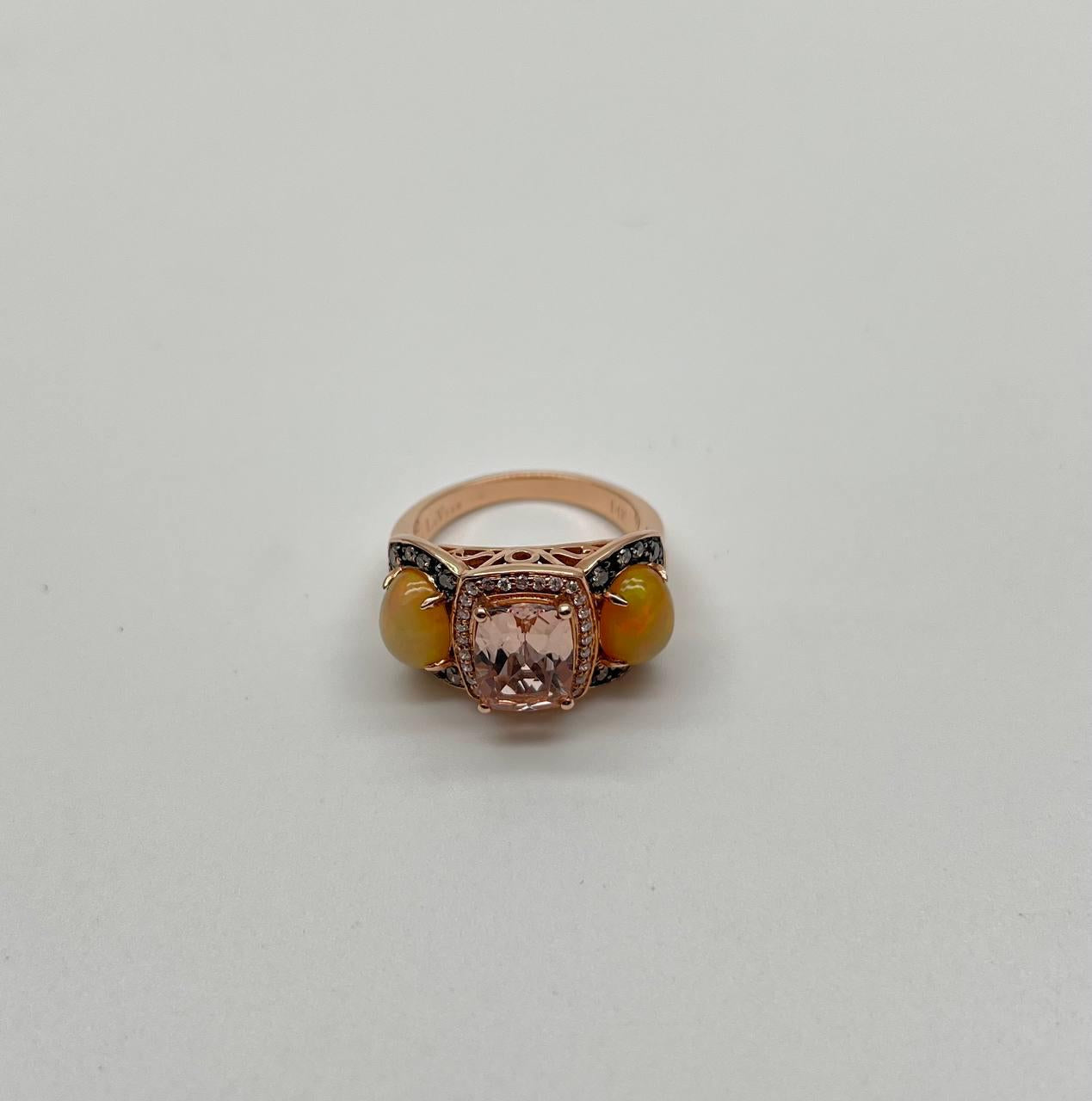 Peach Morganites Yellow White Opal White Diamond Halo Rose Gold Three Stone Ring