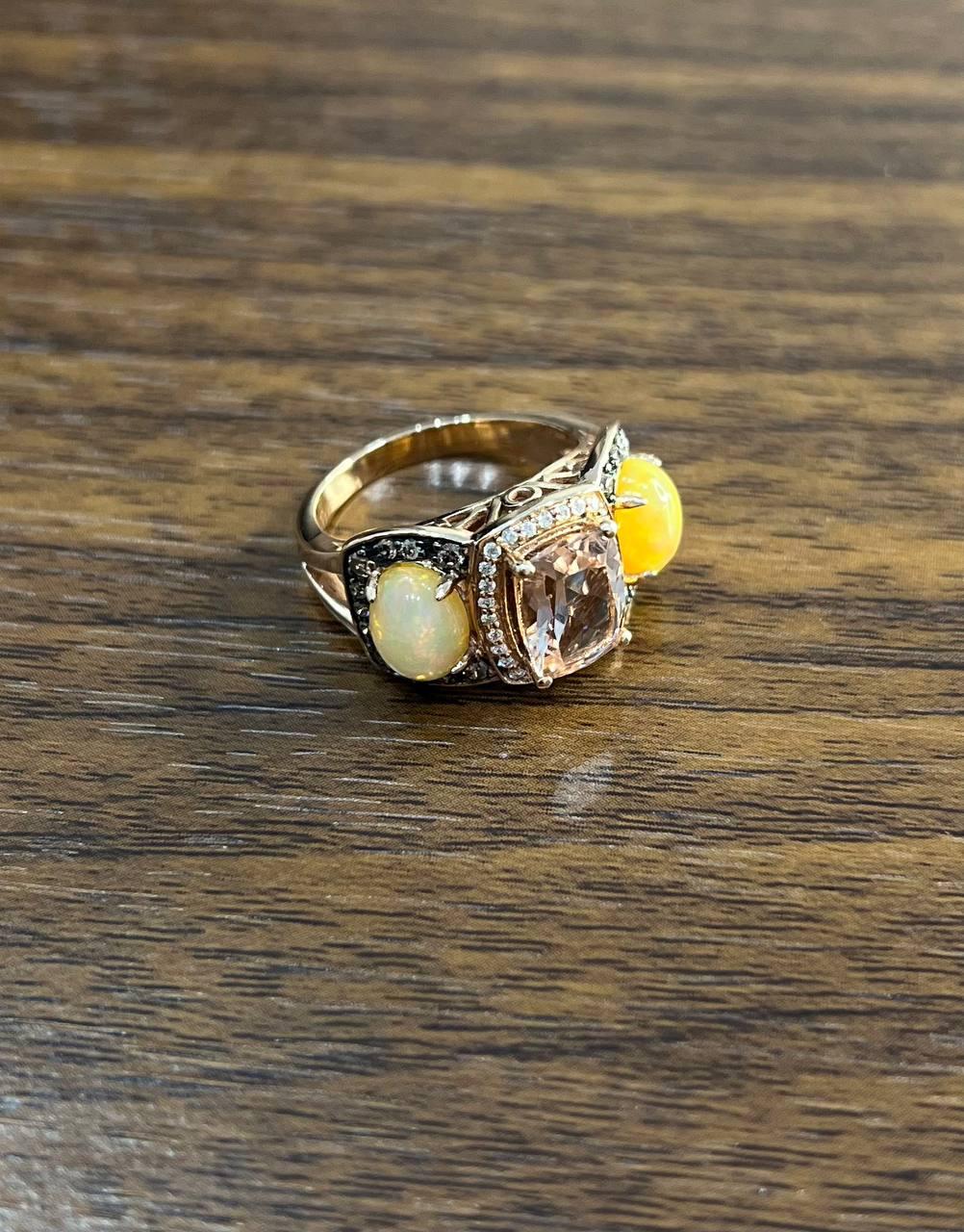 Peach Morganites Yellow White Opal White Diamond Halo Rose Gold Three Stone Ring