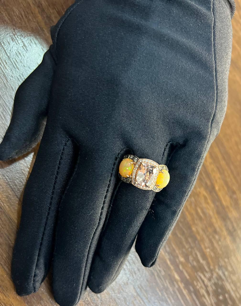 Peach Morganites Yellow White Opal White Diamond Halo Rose Gold Three Stone Ring