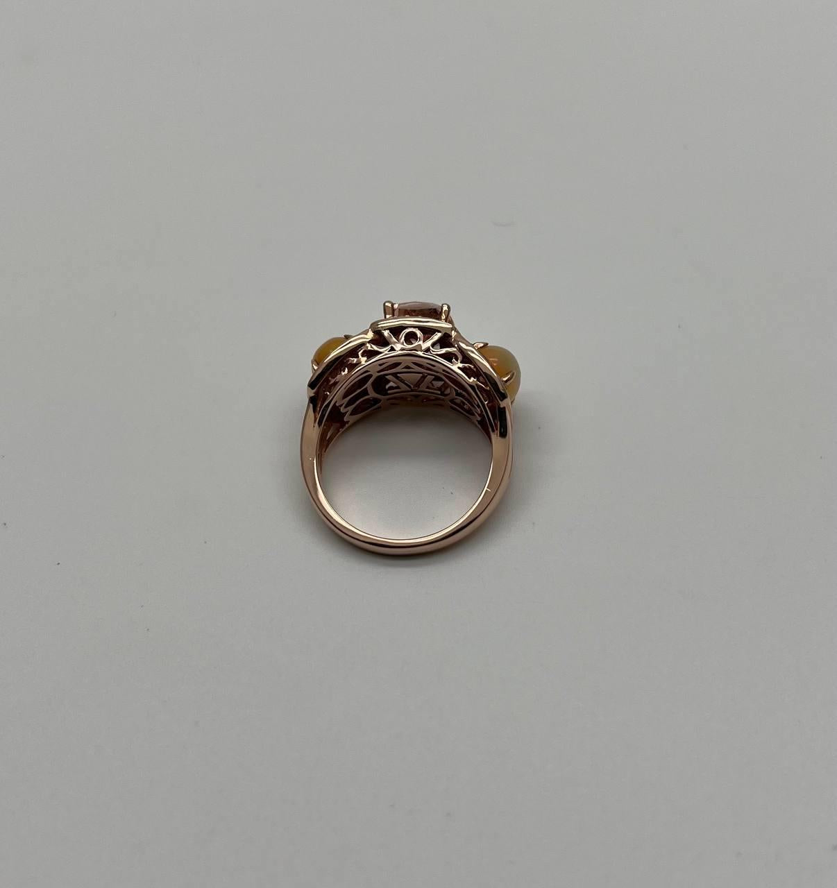 Peach Morganites Yellow White Opal White Diamond Halo Rose Gold Three Stone Ring