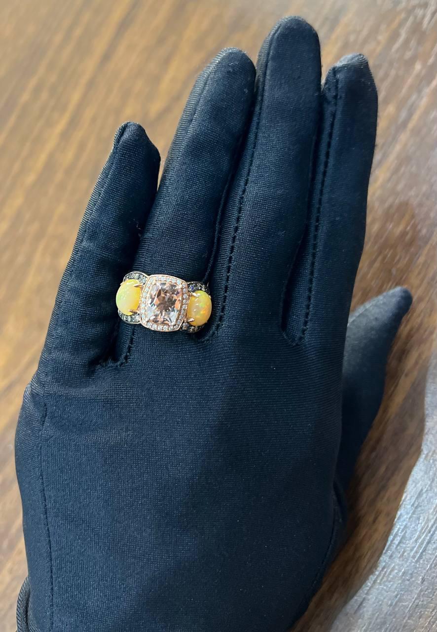 Peach Morganites Yellow White Opal White Diamond Halo Rose Gold Three Stone Ring