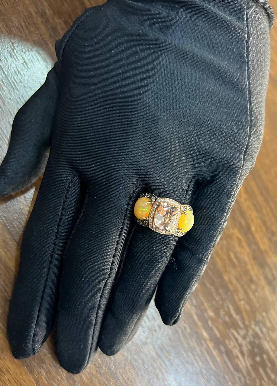 Peach Morganites Yellow White Opal White Diamond Halo Rose Gold Three Stone Ring