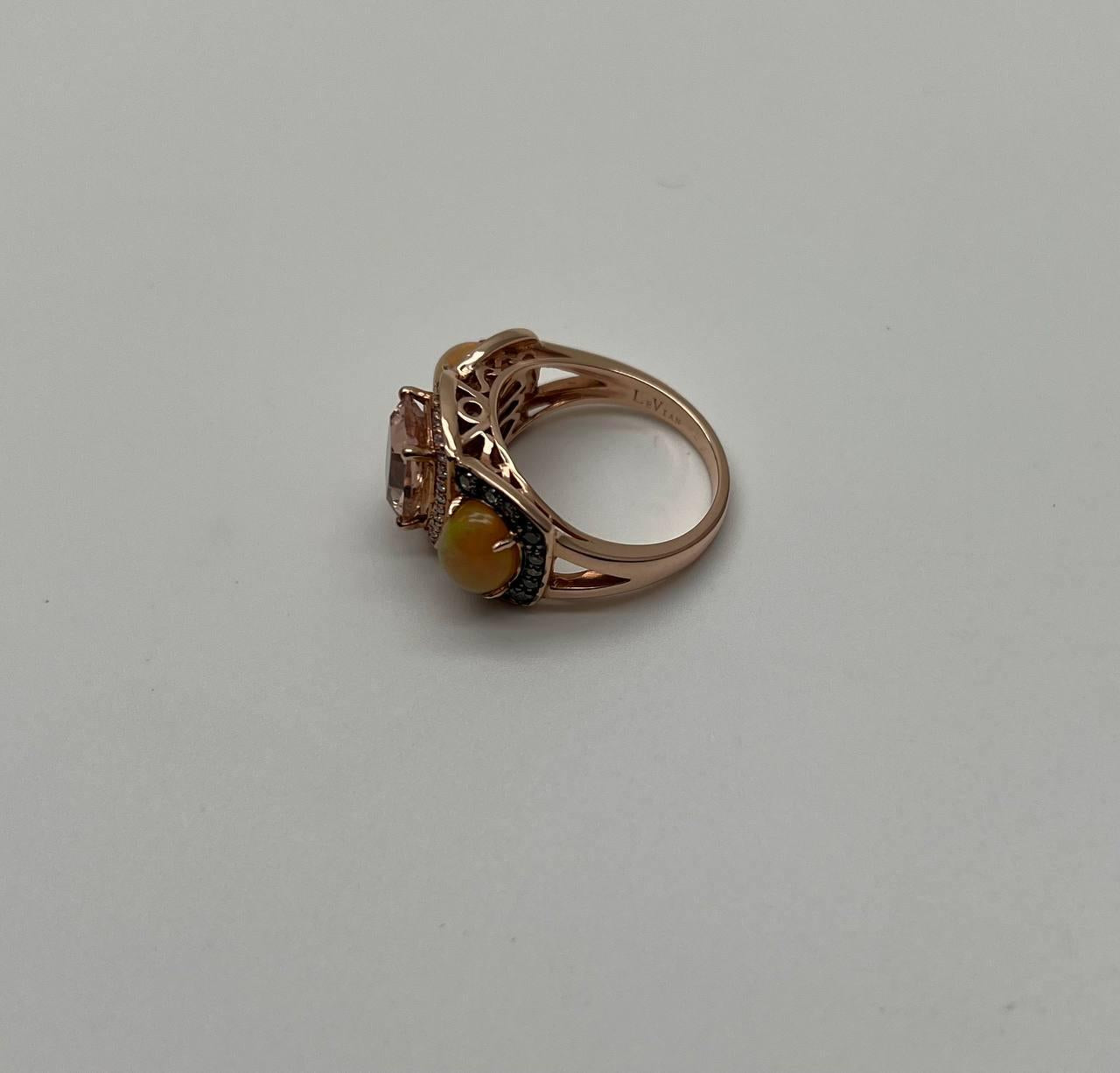 Peach Morganites Yellow White Opal White Diamond Halo Rose Gold Three Stone Ring