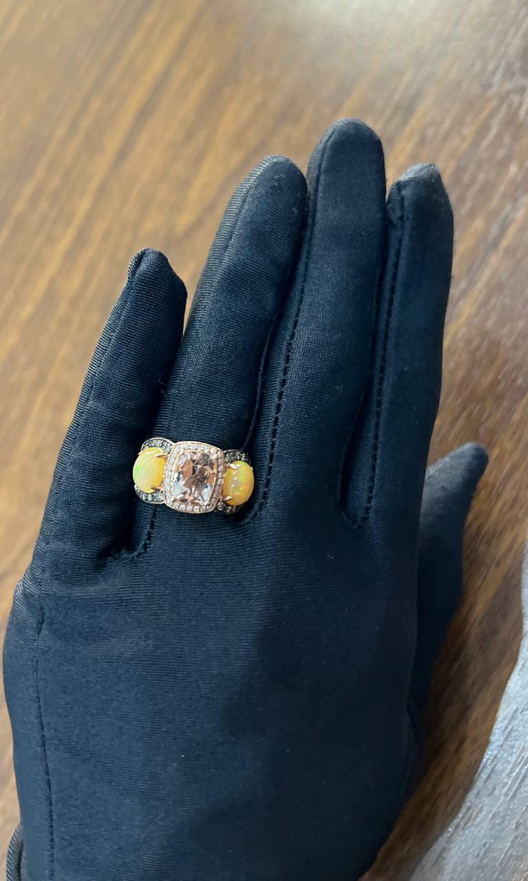 Peach Morganites Yellow White Opal White Diamond Halo Rose Gold Three Stone Ring