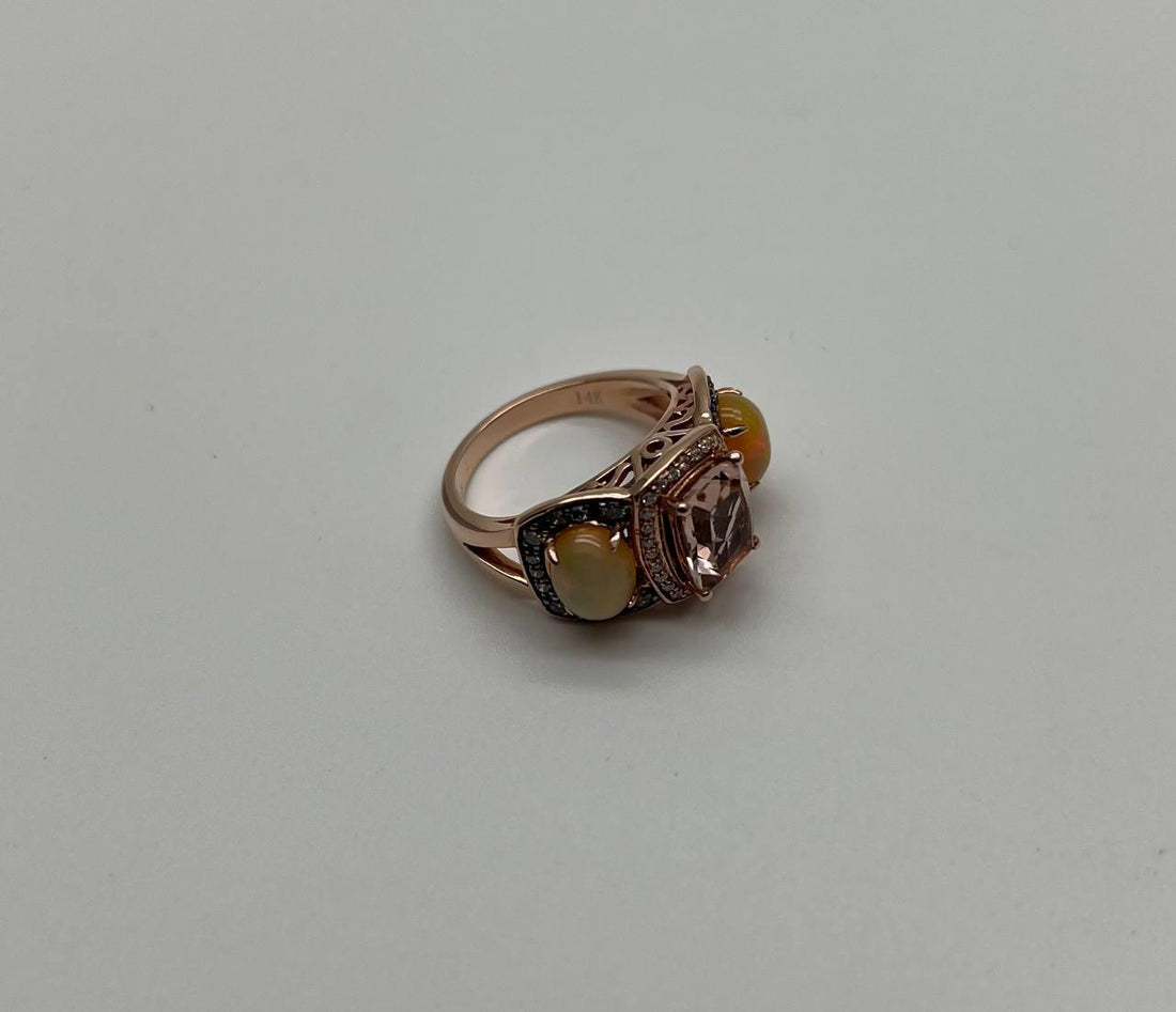 Peach Morganites Yellow White Opal White Diamond Halo Rose Gold Three Stone Ring