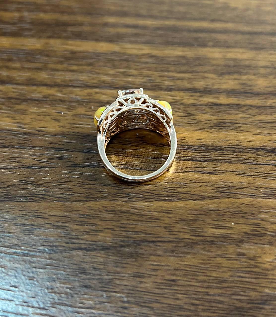 Peach Morganites Yellow White Opal White Diamond Halo Rose Gold Three Stone Ring