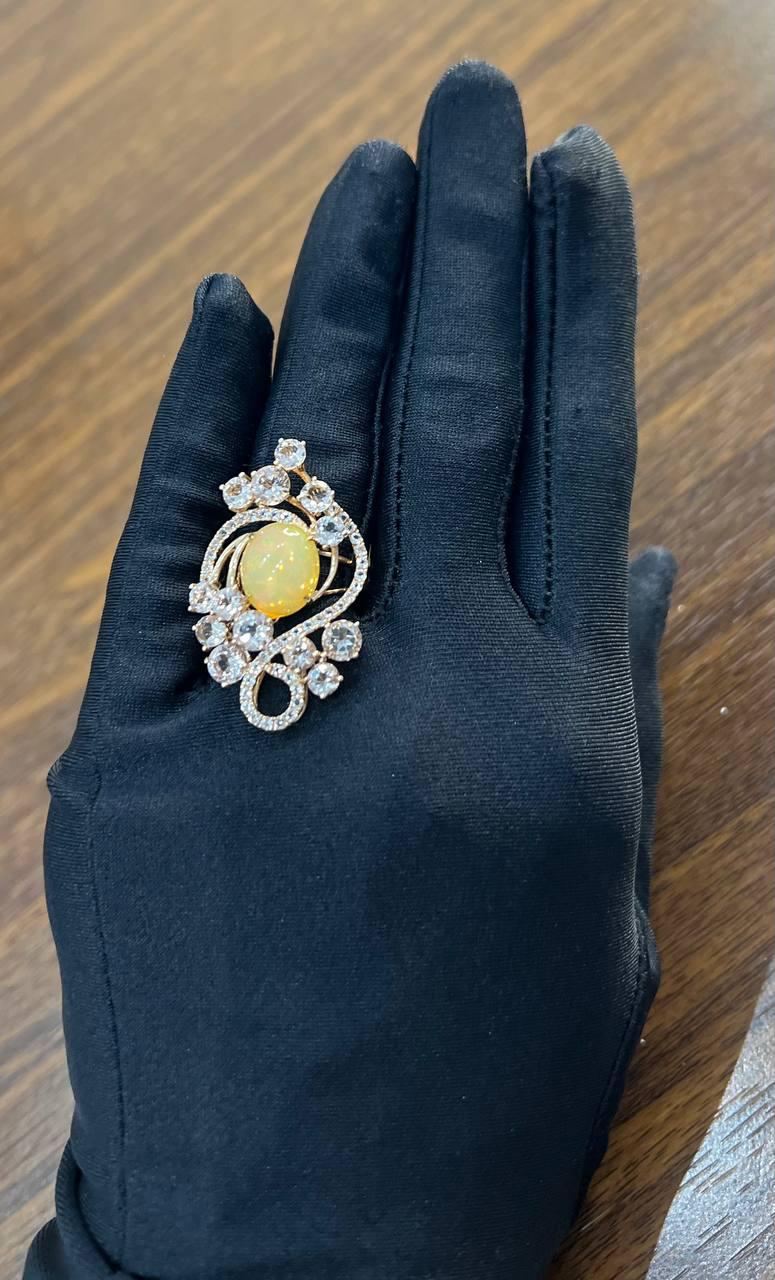 Yellow White Opal Peach Morganites White Diamonds 14K Rose Gold Statement Ring