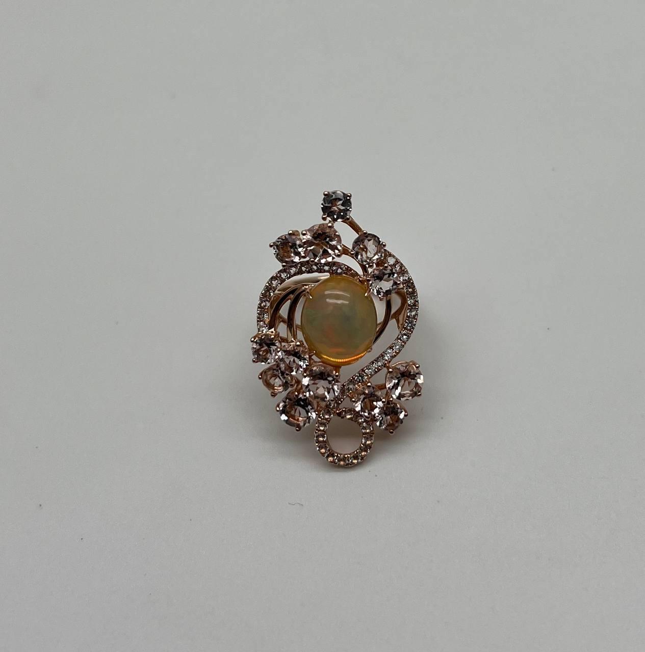 Yellow White Opal Peach Morganites White Diamonds 14K Rose Gold Statement Ring