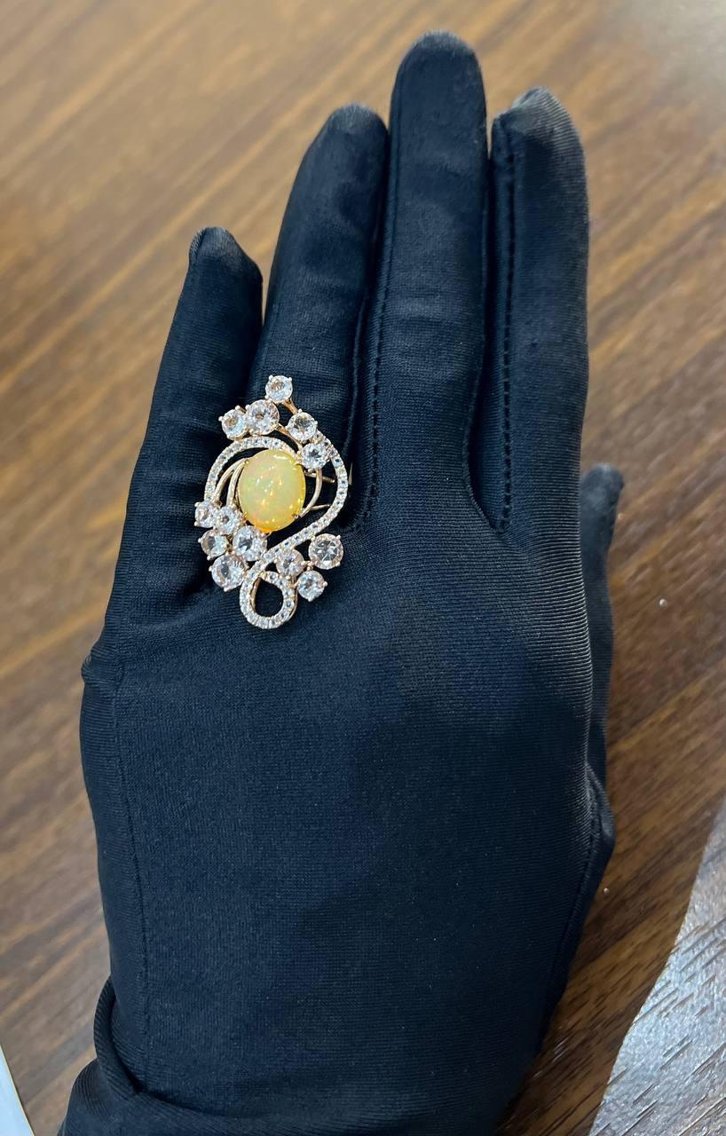 Yellow White Opal Peach Morganites White Diamonds 14K Rose Gold Statement Ring