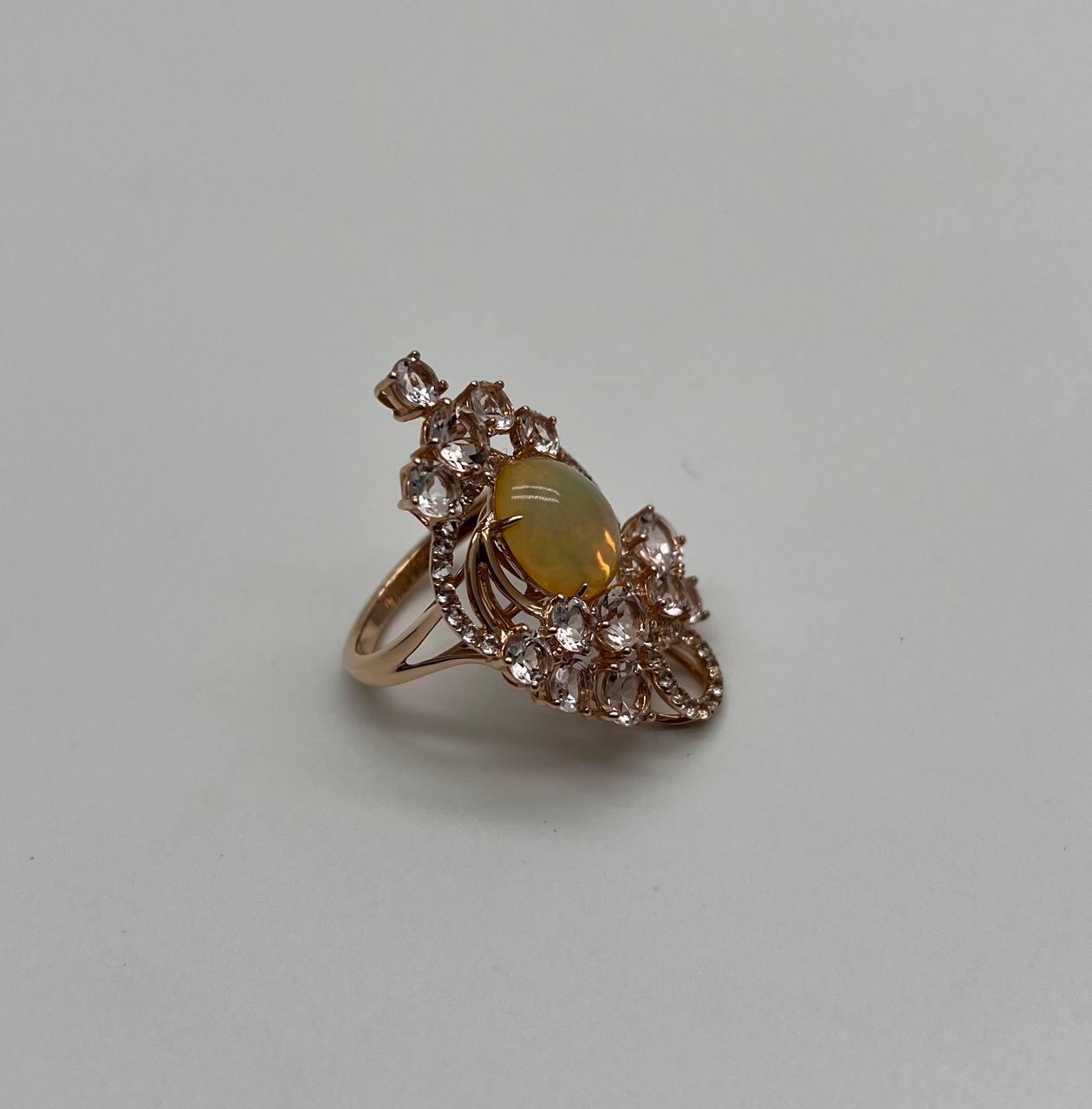 Yellow White Opal Peach Morganites White Diamonds 14K Rose Gold Statement Ring