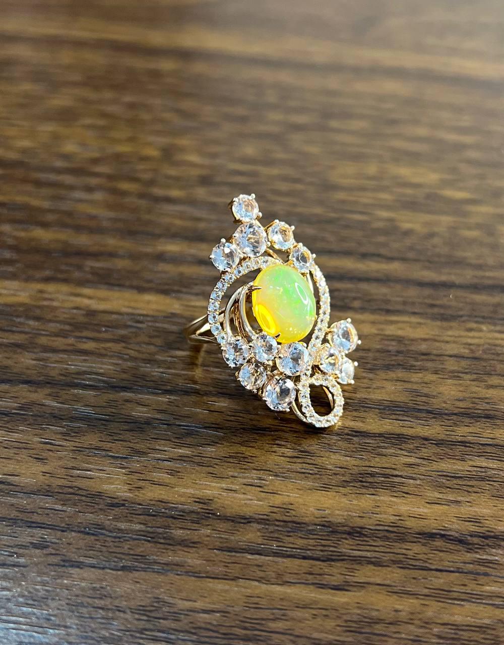 Yellow White Opal Peach Morganites White Diamonds 14K Rose Gold Statement Ring