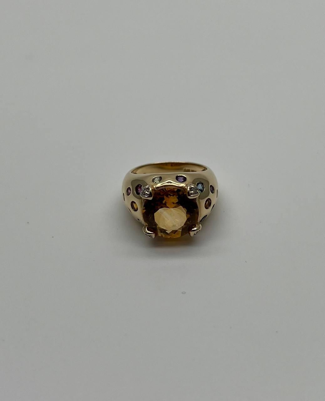 Large Round Cut Orange Citrine Multi Color Gemstones 14K Gold Statement Ring