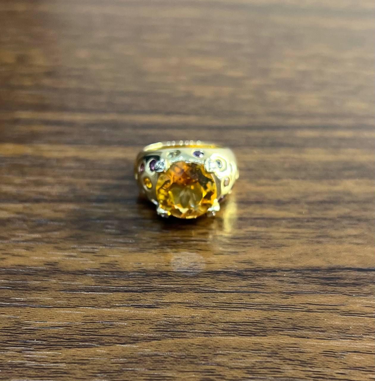 Large Round Cut Orange Citrine Multi Color Gemstones 14K Gold Statement Ring