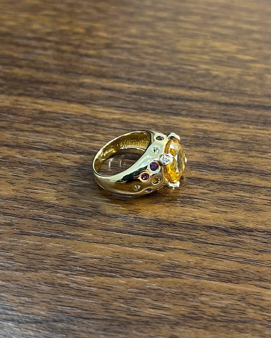 Large Round Cut Orange Citrine Multi Color Gemstones 14K Gold Statement Ring