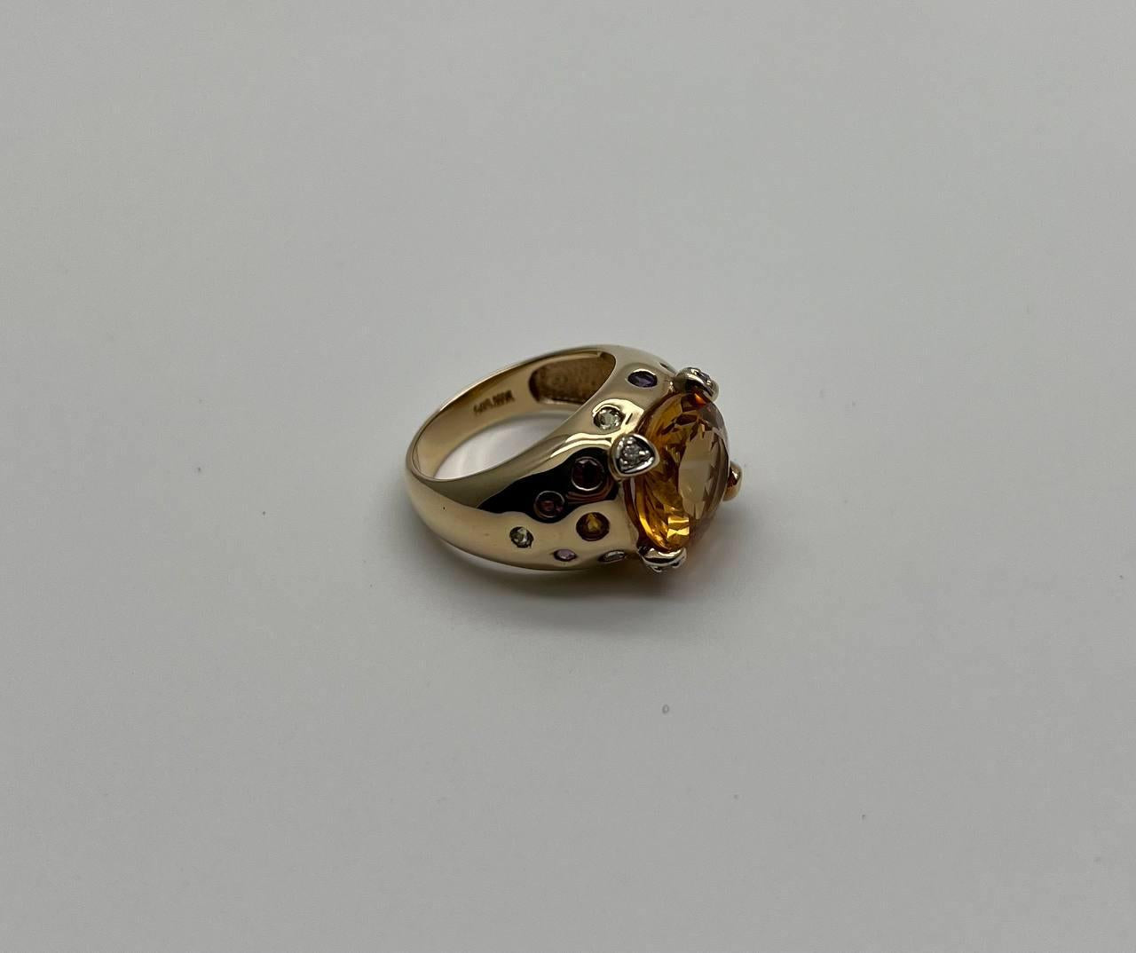 Large Round Cut Orange Citrine Multi Color Gemstones 14K Gold Statement Ring