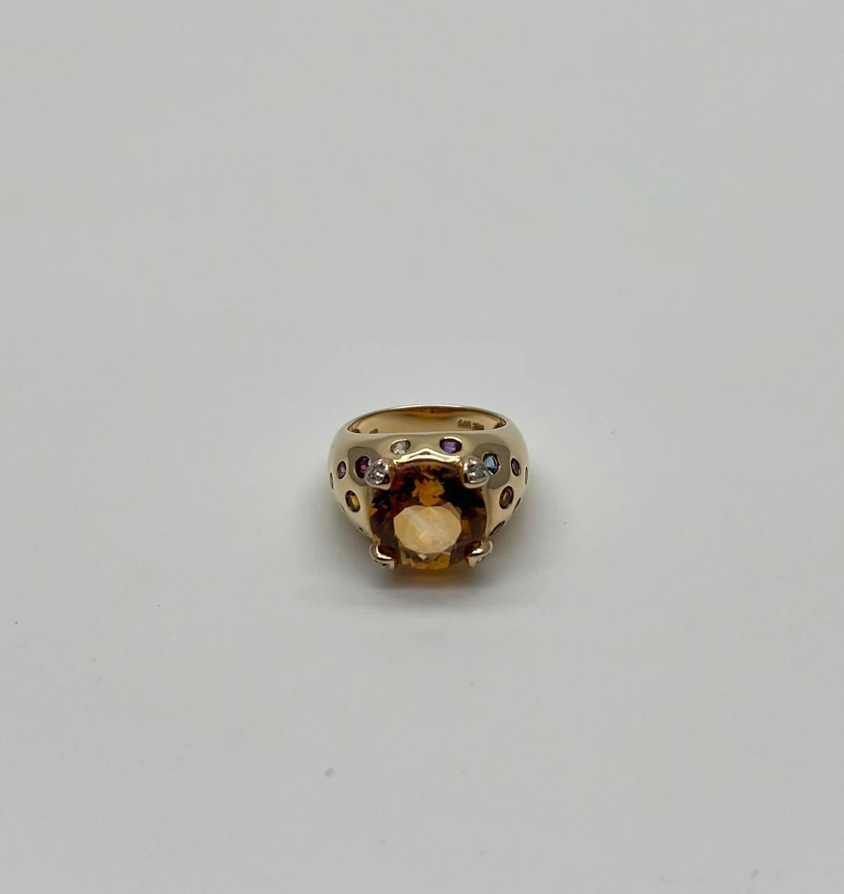 Large Round Cut Orange Citrine Multi Color Gemstones 14K Gold Statement Ring