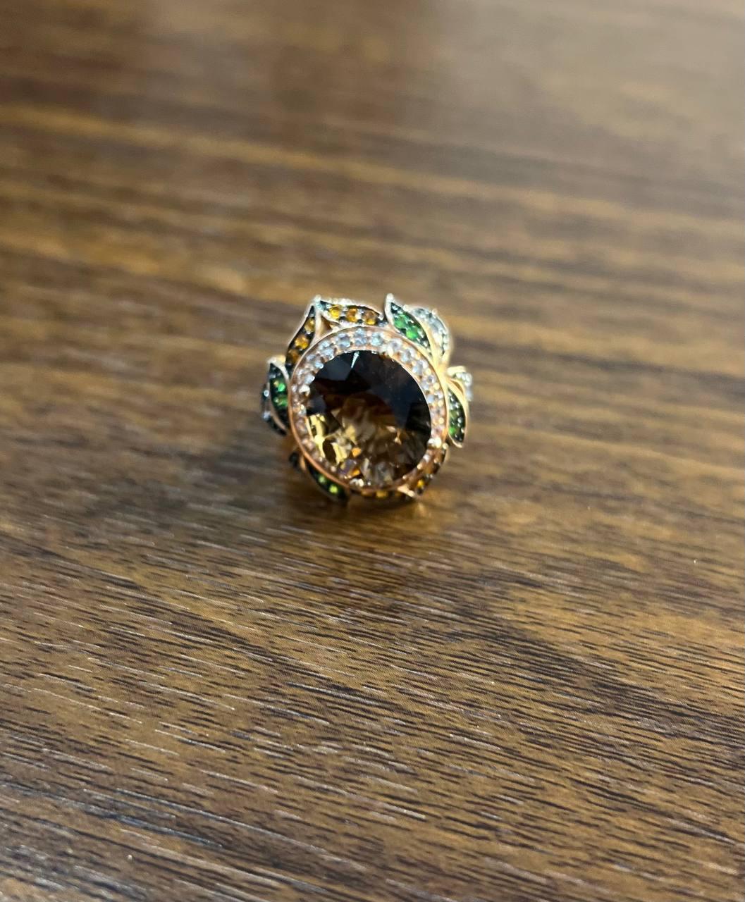 Oval Shape Brown Smoky Quartz White Diamond Halo Set Gemstone Floral Gold Ring