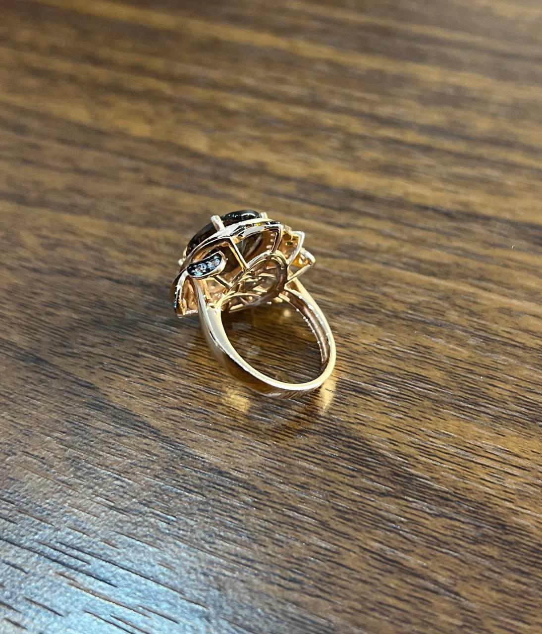 Oval Shape Brown Smoky Quartz White Diamond Halo Set Gemstone Floral Gold Ring