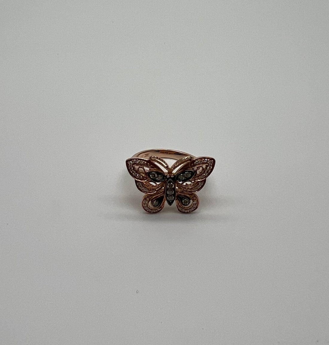 Butterfly White Champagne Brown Diamonds 14K Rose Gold Statement Fun Ring