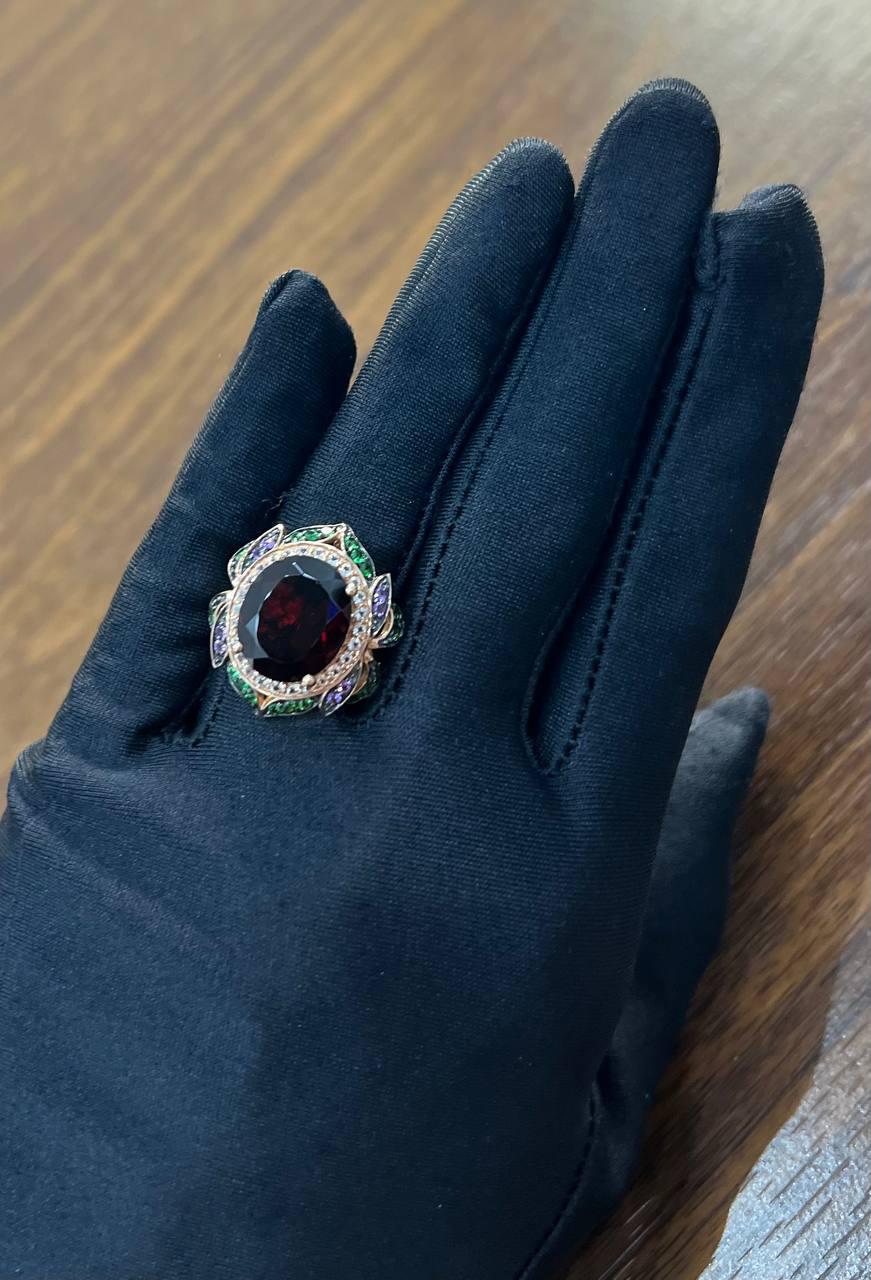 Oval Shape Red Garnet White Diamond Halo Set Gemstones Floral 14K Rose Gold Ring