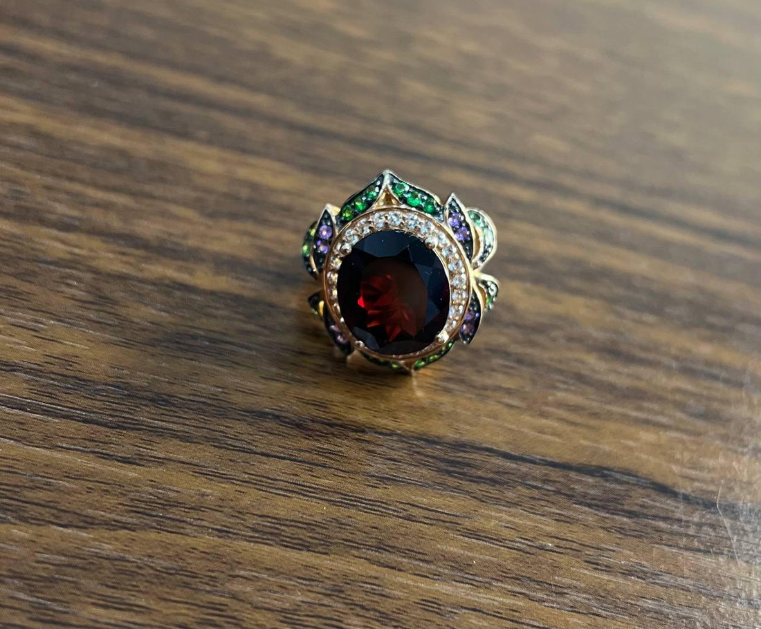 Oval Shape Red Garnet White Diamond Halo Set Gemstones Floral 14K Rose Gold Ring