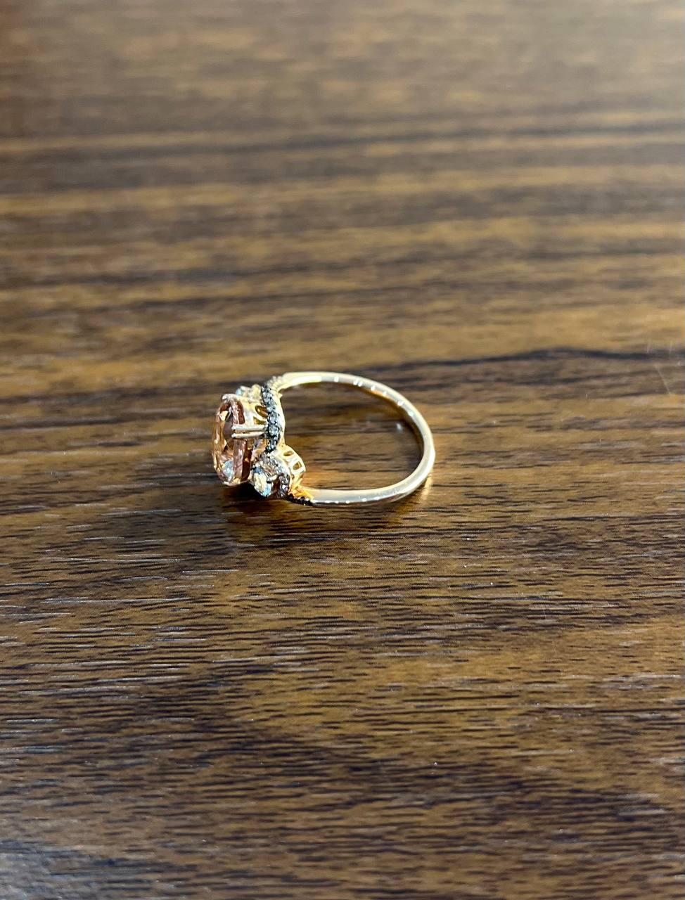 Peach Morganite Blue Topaz Champagne Diamond Halo 14K Rose Gold Side Stone Ring