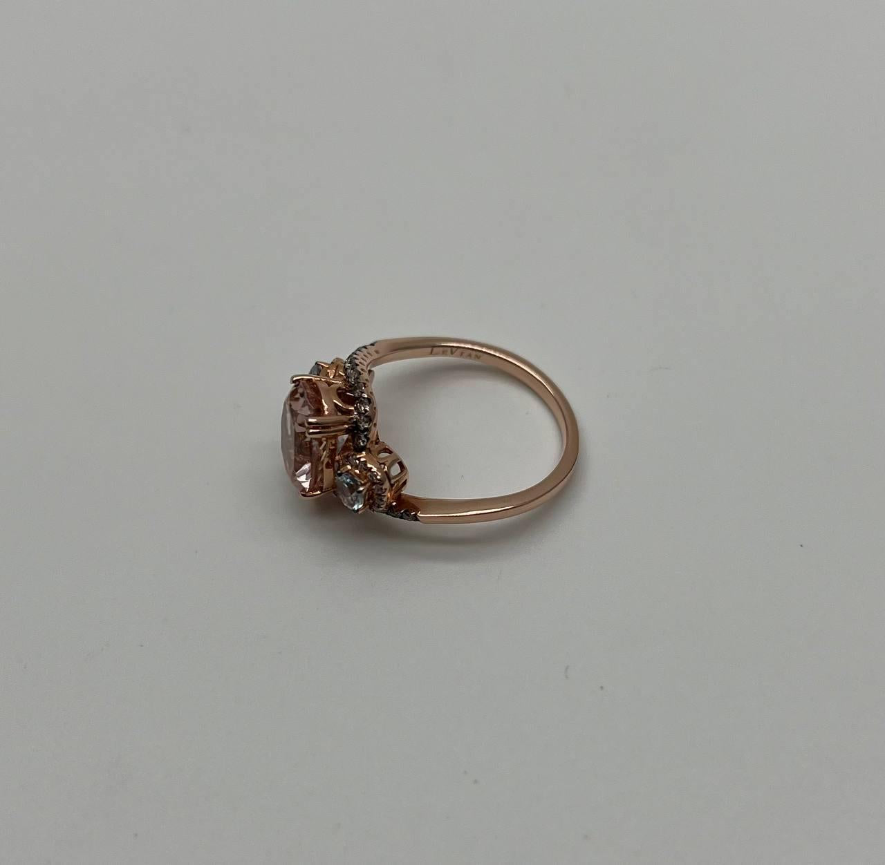Peach Morganite Blue Topaz Champagne Diamond Halo 14K Rose Gold Side Stone Ring