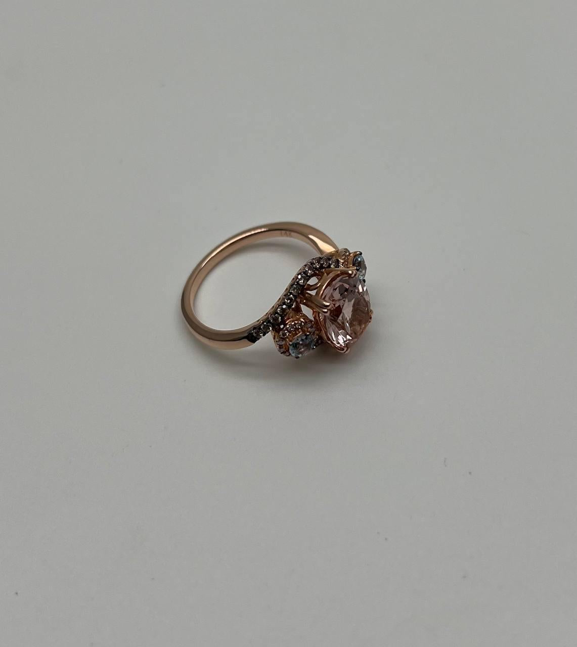 Peach Morganite Blue Topaz Champagne Diamond Halo 14K Rose Gold Side Stone Ring