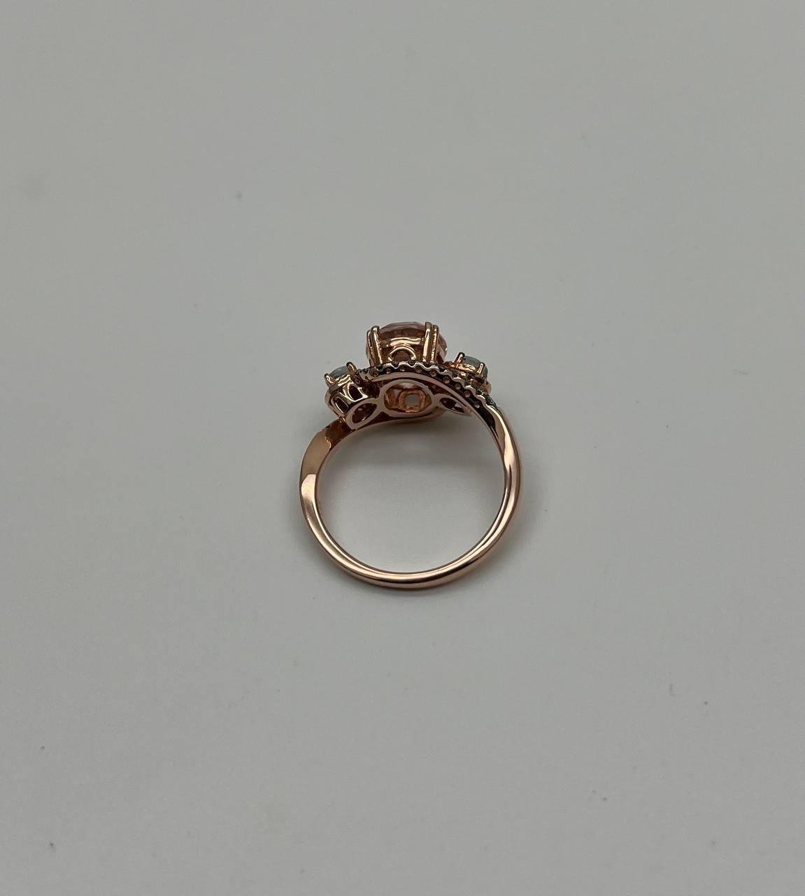 Peach Morganite Blue Topaz Champagne Diamond Halo 14K Rose Gold Side Stone Ring